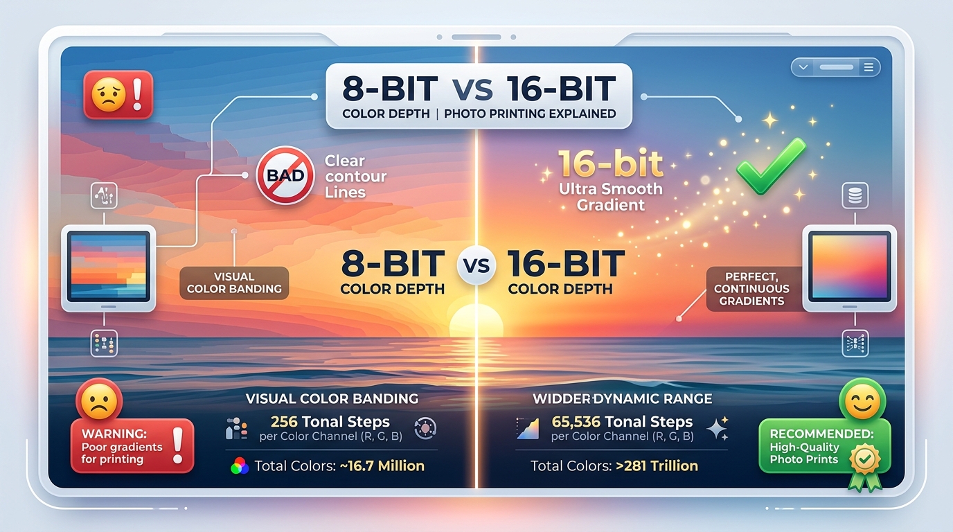 8비트 vs 16비트 계조 차이와 컬러 밴딩 방지 인포그래픽