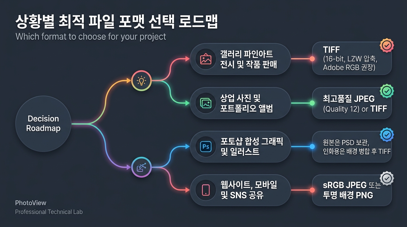 [포토뷰] 전시회·포트폴리오·상업사진·웹 목적별 최적 이미지 파일 포맷 선택 의사결정 로드맵 인포그래픽 | PhotoView 충무로 전문 랩