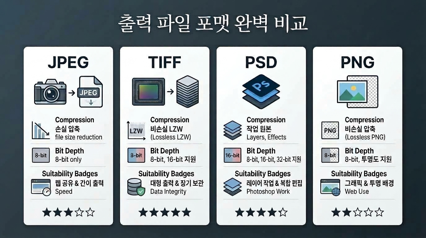 [포토뷰] JPEG·TIFF·PSD·PNG 4대 출력 파일 포맷 완벽 비교 매트릭스 인포그래픽 - 압축 방식, 비트 심도, 파인아트 인화 적합도 분석 | PhotoView 충무로 사진인화