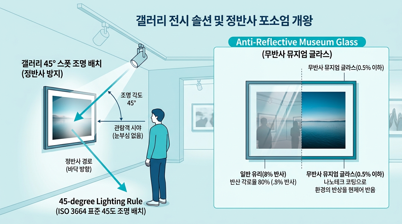 갤러리 45도 스폿 조명 배치와 무반사 뮤지엄 글라스 정반사 방지 솔루션 - 포토뷰 PhotoView 전시 액자 가이드