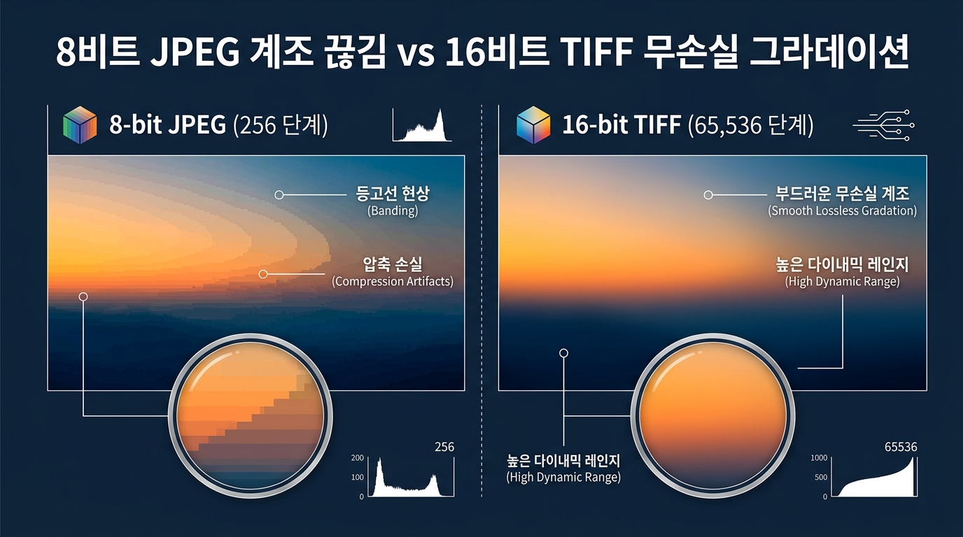 [포토뷰] 8비트 JPEG 계조 끊김(등고선 밴딩) vs 16비트 TIFF 무손실 그라데이션 화질 비교 인포그래픽 | PhotoView 충무로 파인아트 랩