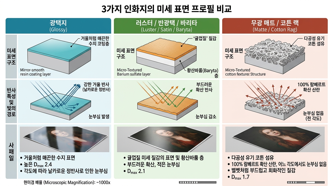 광택지 러스터 바리타 무광 매트지 미세 표면 프로필 단면 비교 인포그래픽 - 포토뷰 PhotoView 인화지 가이드