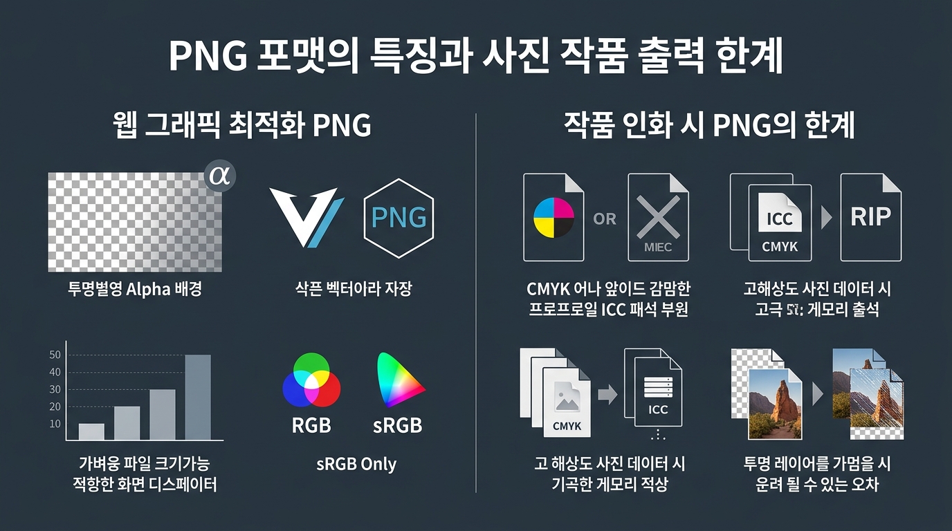 [포토뷰] PNG 포맷의 웹 그래픽 특성과 사진 작품 인화 시 출력 한계 및 색공간 이슈 인포그래픽 | PhotoView 컬러 매니지먼트