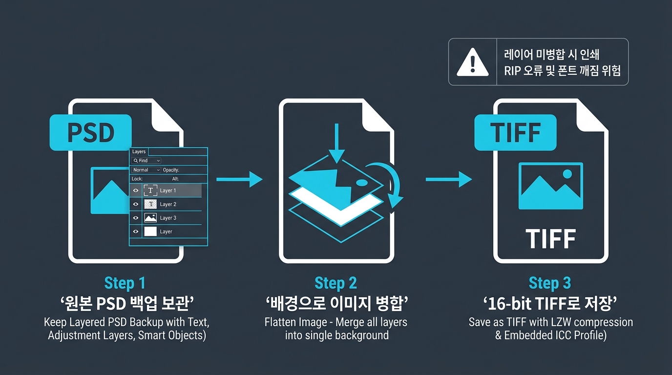 [포토뷰] 포토샵 PSD 작업 파일에서 인쇄용 단일 배경(Flatten) 16비트 TIFF 변환 워크플로우 인포그래픽 | PhotoView 대형 출력 가이드